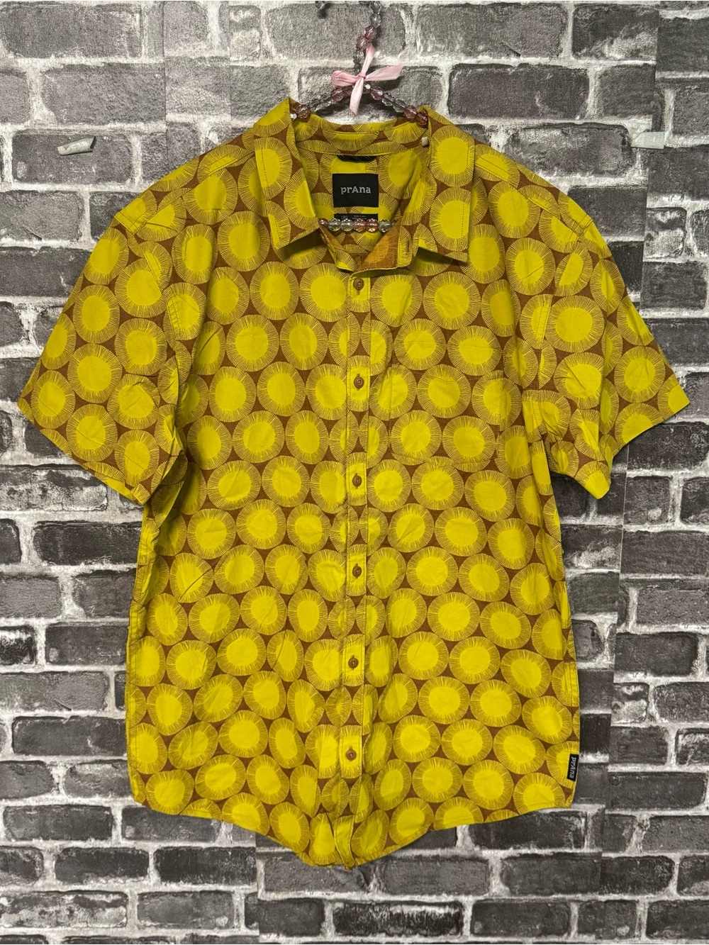 Prana Roots Studio Shirt Moon Quartz Dots yellow maroon button down organic